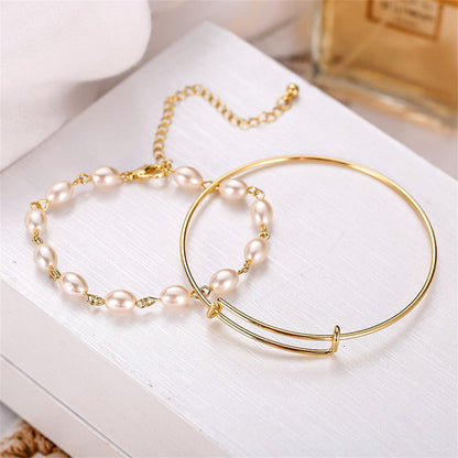 Pearl and 18K Gold-Plated Adjustable Bangle Set, jewelry gift sets for women, dainty minimalist design, lifestyle look