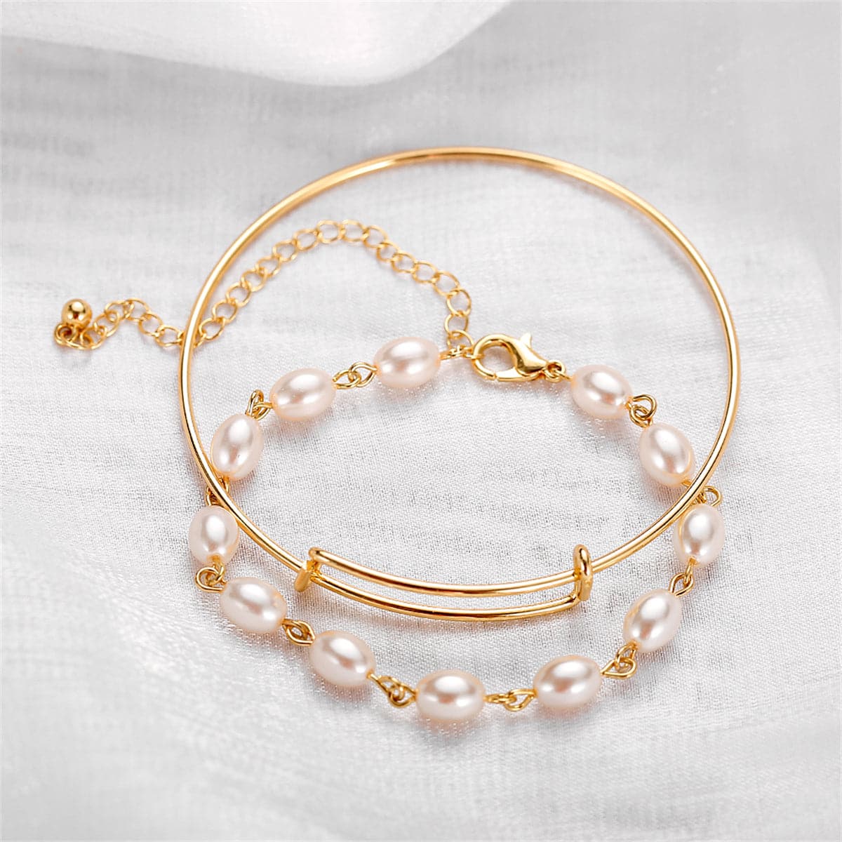 Pearl and 18K Gold-Plated Adjustable Bangle Set, jewelry gift sets for women, dainty minimalist design, styled look