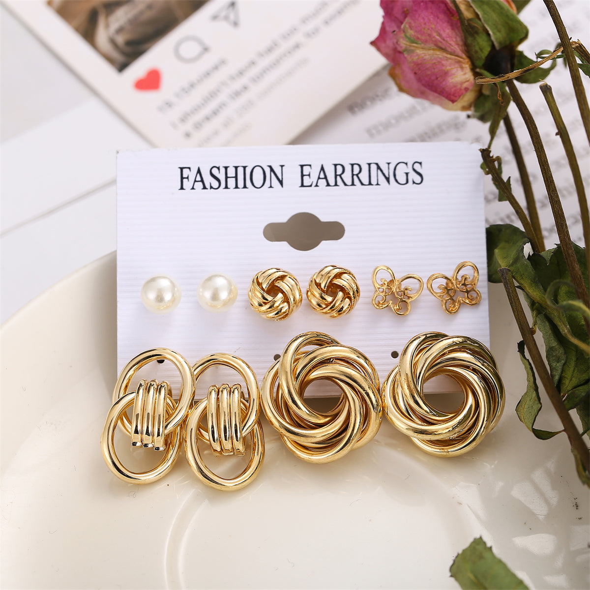 Pearl and 18K Gold-Plated Open Butterfly Stud Earrings Set, gold stud earrings for women, elegant gift for her, front view