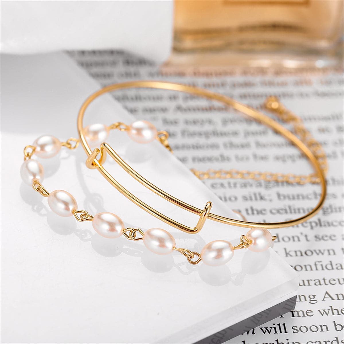 Pearl & 18K Gold-Plated Adjustable Bangle Set