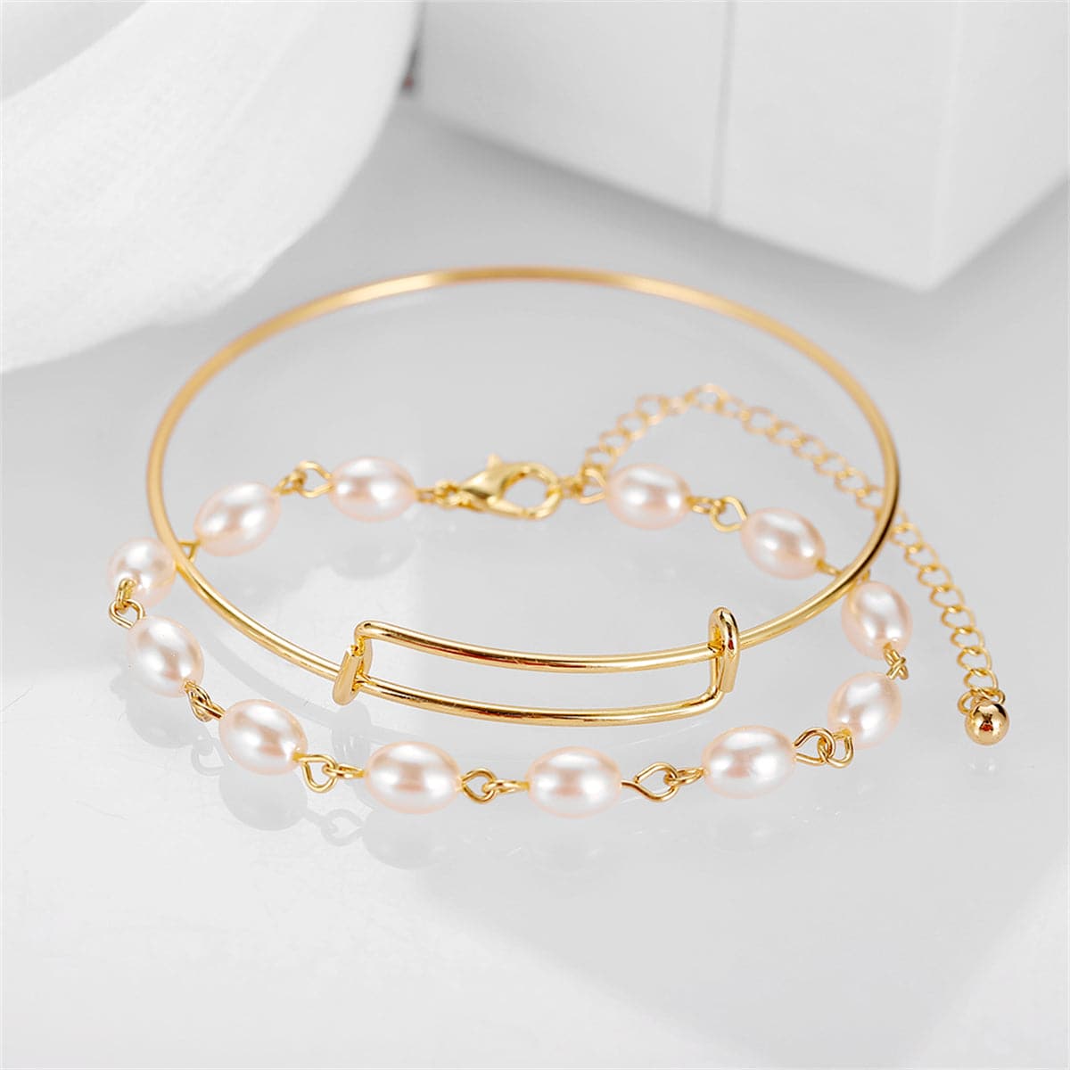 Pearl & 18K Gold-Plated Adjustable Bangle Set