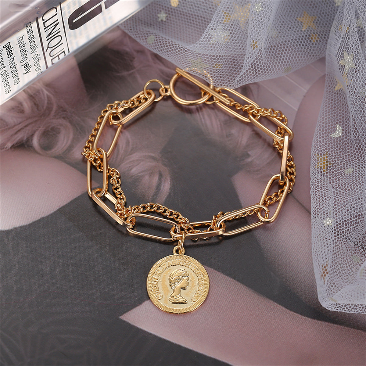 18K Gold-Plated Coin Layered Bracelet, gold bracelet for women, botanical inspired, detail close-up