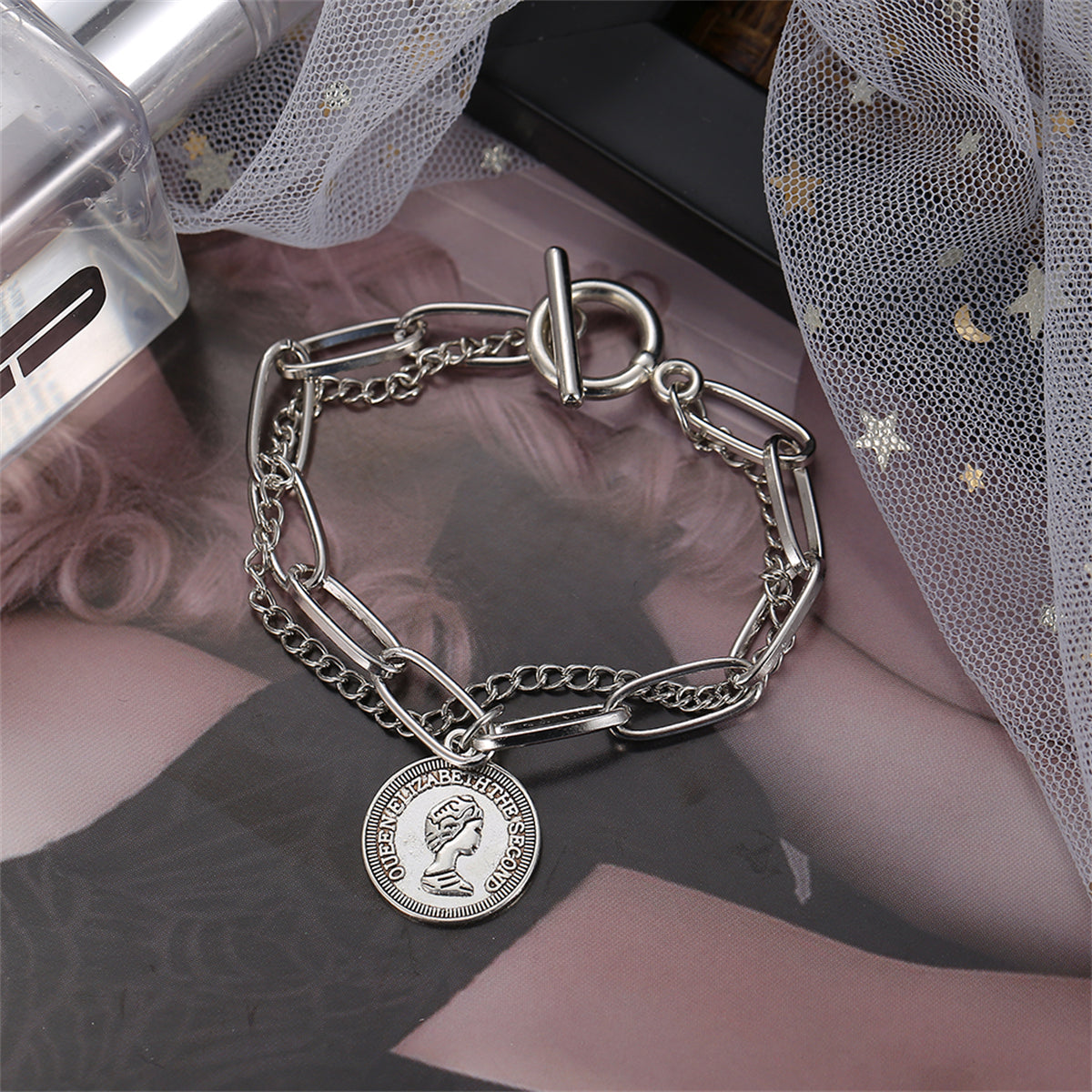 Silver-Plated Coin Layered Bracelet, silver bracelet for women, dainty minimalist design, side view