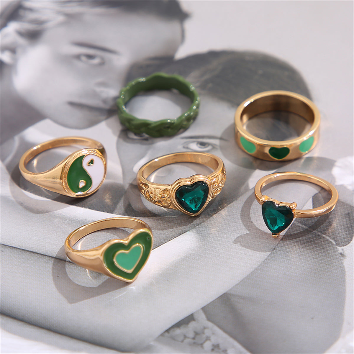 Green Crystal and Enamel 18K Gold-Plated Yin Yang Heart Ring Set, jewelry gift sets for women, botanical inspired, side view