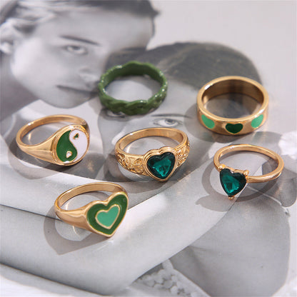 Green Crystal and Enamel 18K Gold-Plated Yin Yang Heart Ring Set, jewelry gift sets for women, botanical inspired, side view