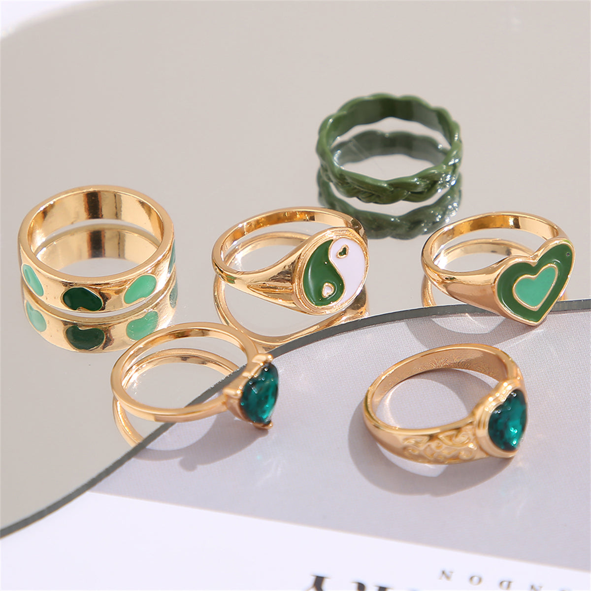 Green Crystal and Enamel 18K Gold-Plated Yin Yang Heart Ring Set, jewelry gift sets for women, detail close-up