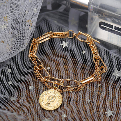 18K Gold-Plated Coin Layered Bracelet, gold bracelet for women, botanical inspired, lifestyle look
