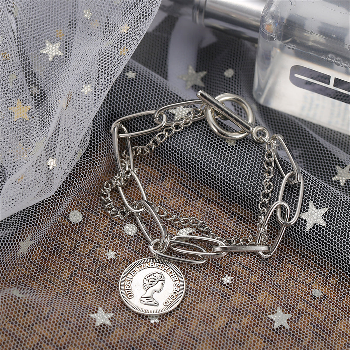 Silver-Plated Coin Layered Bracelet, silver bracelet for women, dainty minimalist design, detail close-up