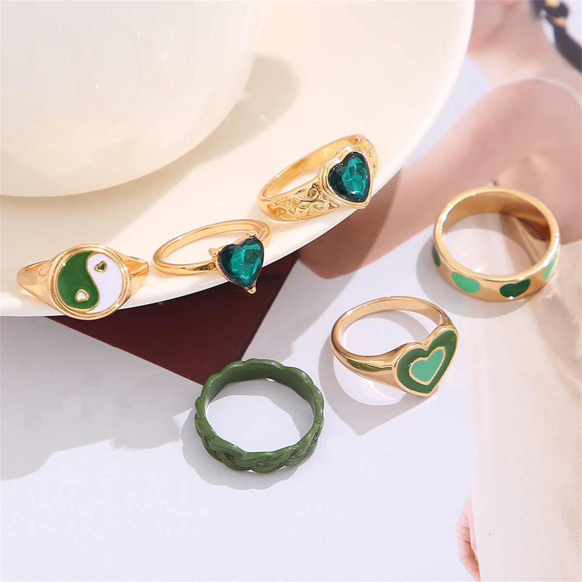 Green Crystal and Enamel 18K Gold-Plated Yin Yang Heart Ring Set, jewelry gift sets for women, lifestyle look