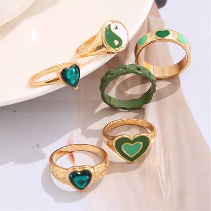 Green Crystal and Enamel 18K Gold-Plated Yin Yang Heart Ring Set, jewelry gift sets for women, styled look
