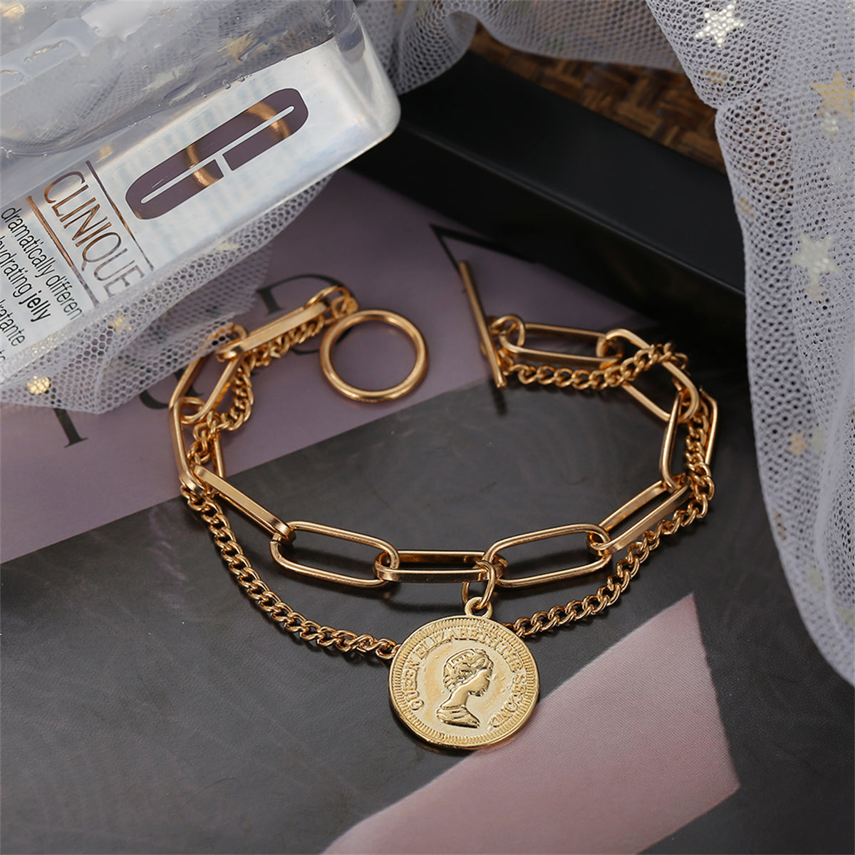 18K Gold-Plated Coin Layered Bracelet, gold bracelet for women, botanical inspired, styled look