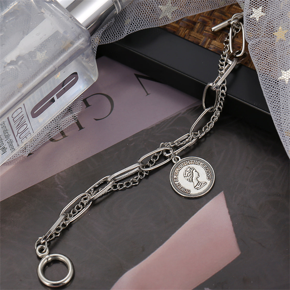 Silver-Plated Coin Layered Bracelet, silver bracelet for women, dainty minimalist design, lifestyle look