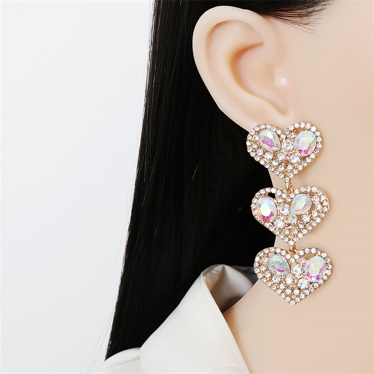 Cubic Zirconia & Crystal 18K Gold-Plated Tiered Heart Drop Earrings