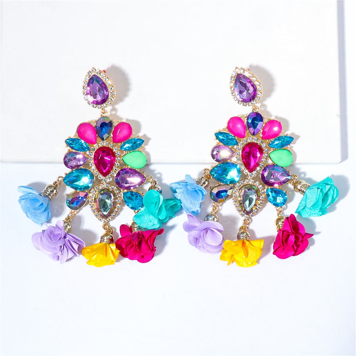 Rainbow Crystal & Cubic Zirconia 18K Gold-Plated Floral Tassel Drop Earrings