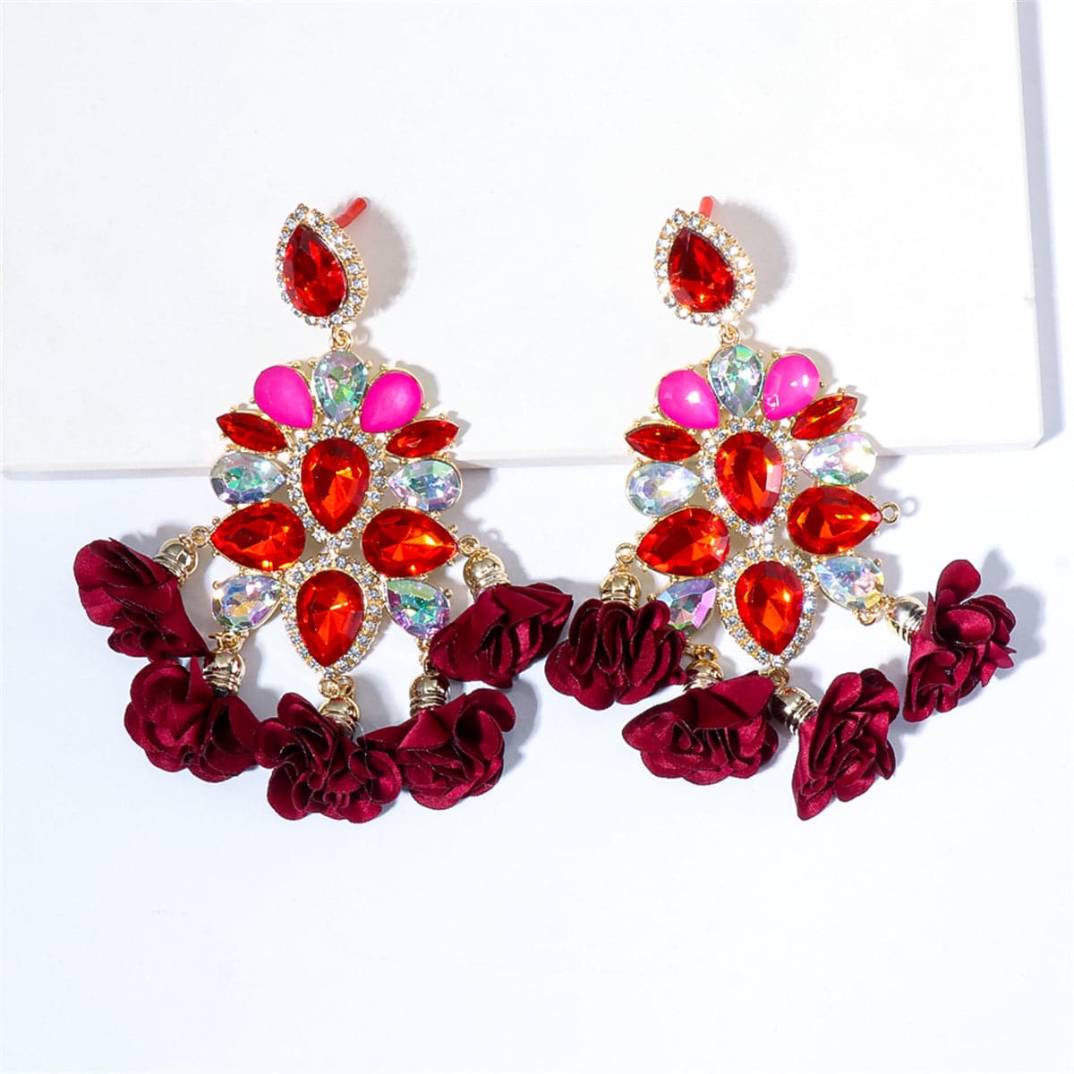 Cubic Zirconia & Red Crystal Floral Pear Chandelier Drop Earrings