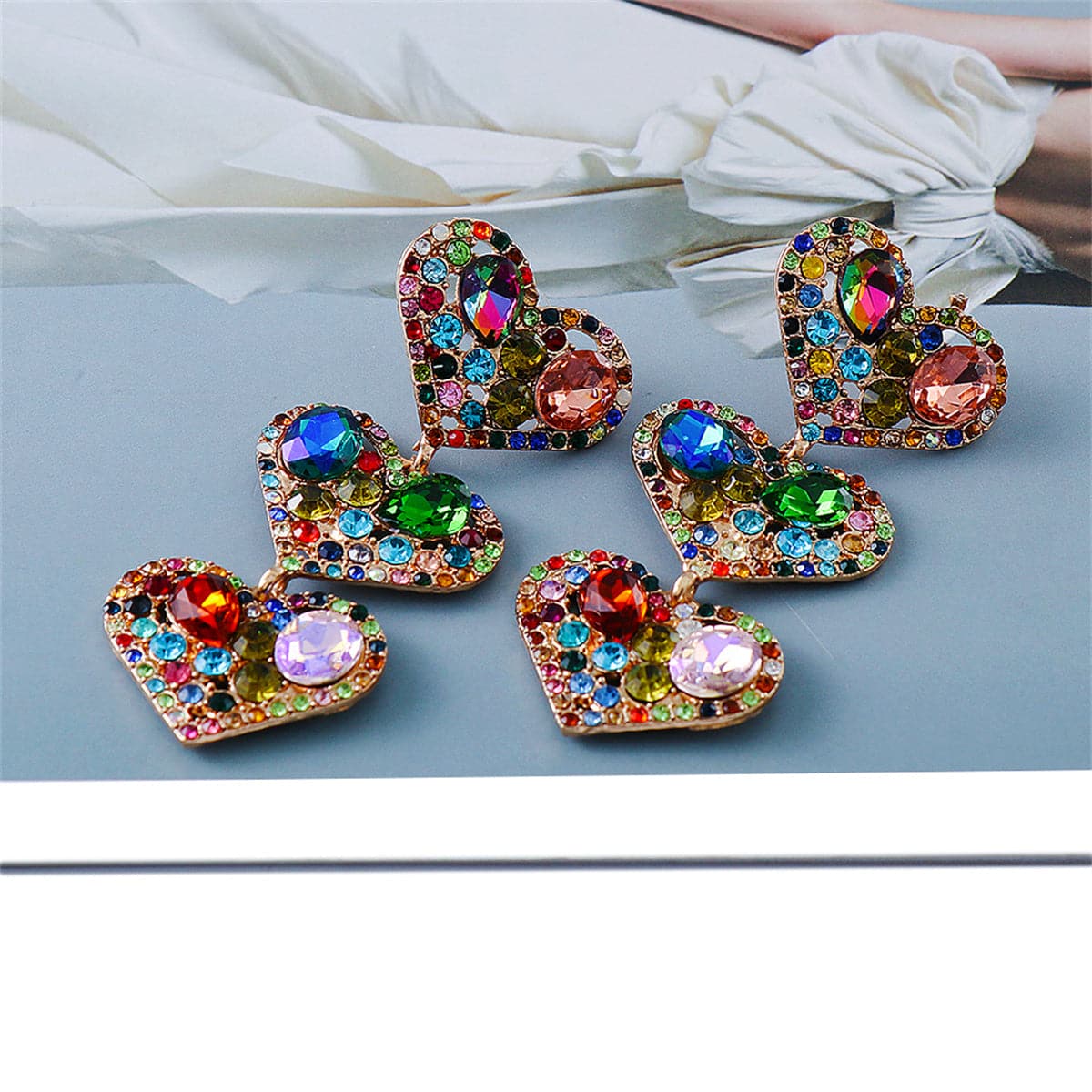 Jewel-Tone & 18K Gold-Plated Tiered Heart Drop Earrings