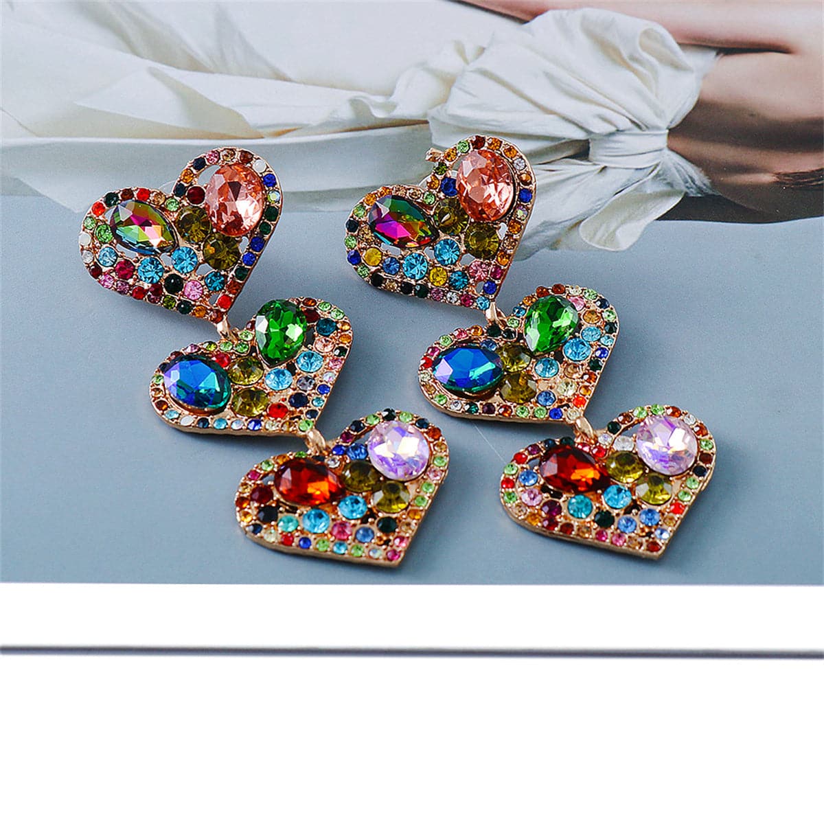 Jewel-Tone & 18K Gold-Plated Tiered Heart Drop Earrings