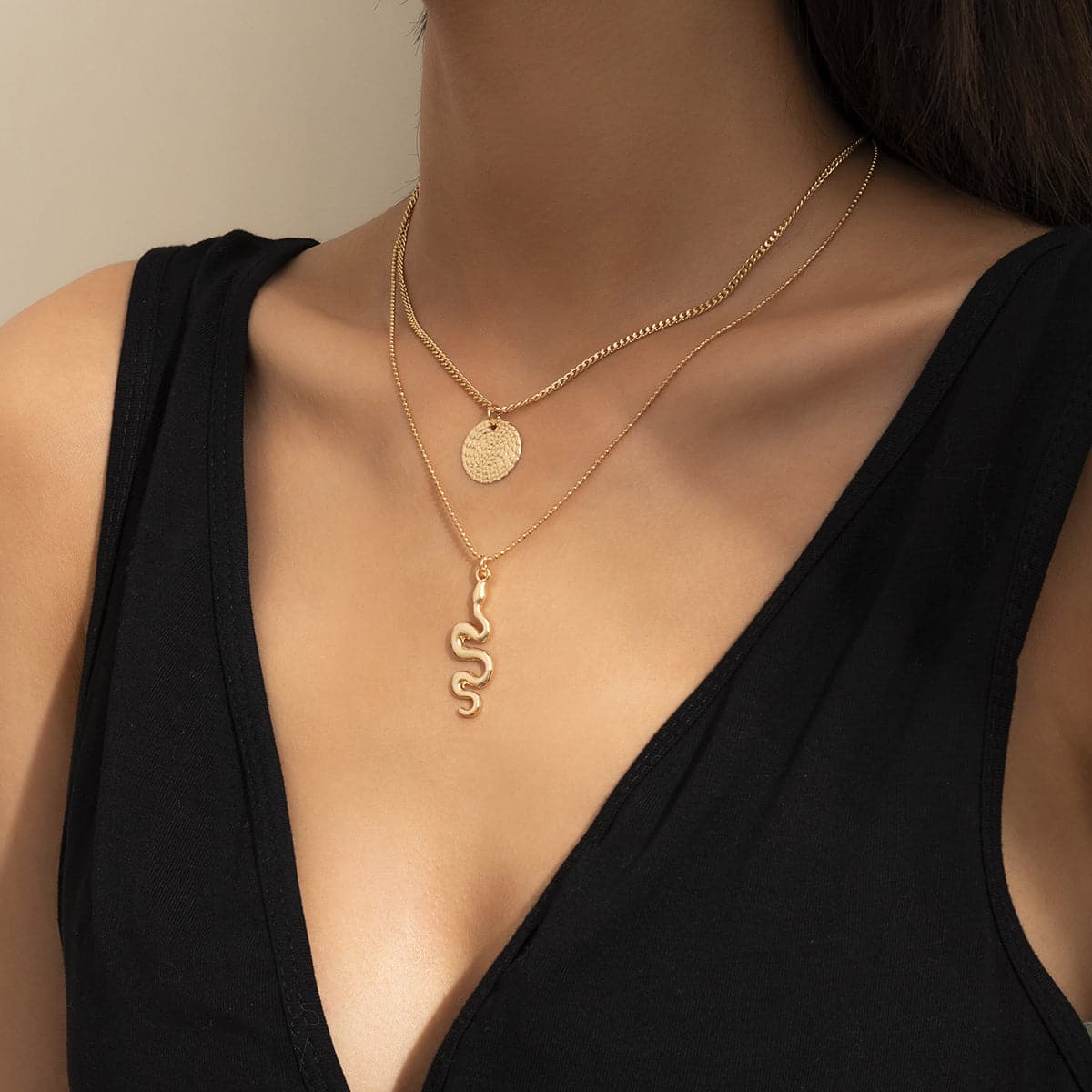 18K Gold-Plated Snake Circle Layered Pendant Necklace, gold pendant necklace for women, everyday style, lifestyle look