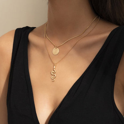 18K Gold-Plated Snake Circle Layered Pendant Necklace, gold pendant necklace for women, everyday style, lifestyle look