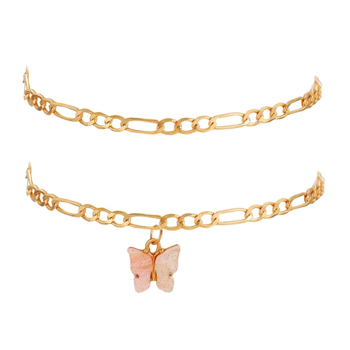 Pink Acrylic and 18K Gold-Plated Butterfly Charm Anklet Set, jewelry gift sets for women, detail close-up