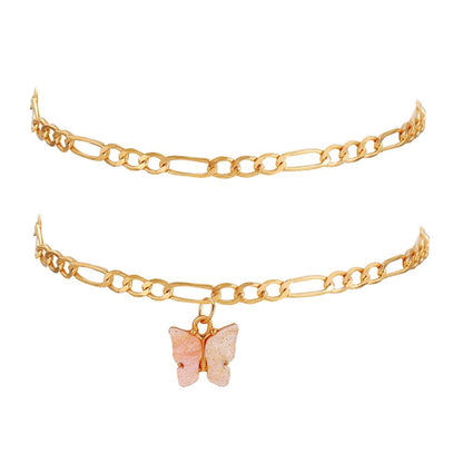 Pink Acrylic and 18K Gold-Plated Butterfly Charm Anklet Set, jewelry gift sets for women, detail close-up