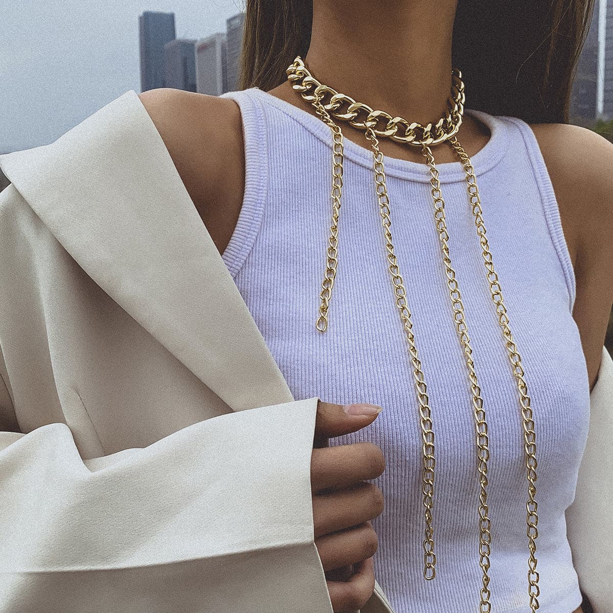 18K Gold-Plated Tassel Necklace, gold pendant necklace for women, botanical inspired, detail close-up