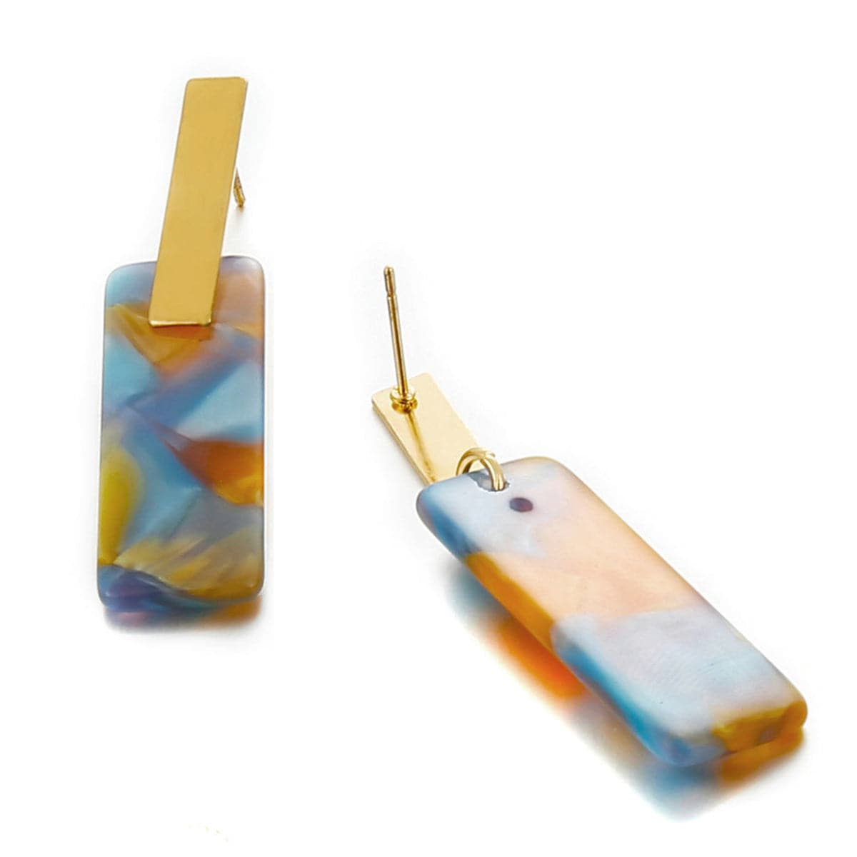 Blue Multicolor Acrylic and 18K Gold-Plated Tortoise Rectangle Drop Earrings, gold drop earrings for women, detail close-up