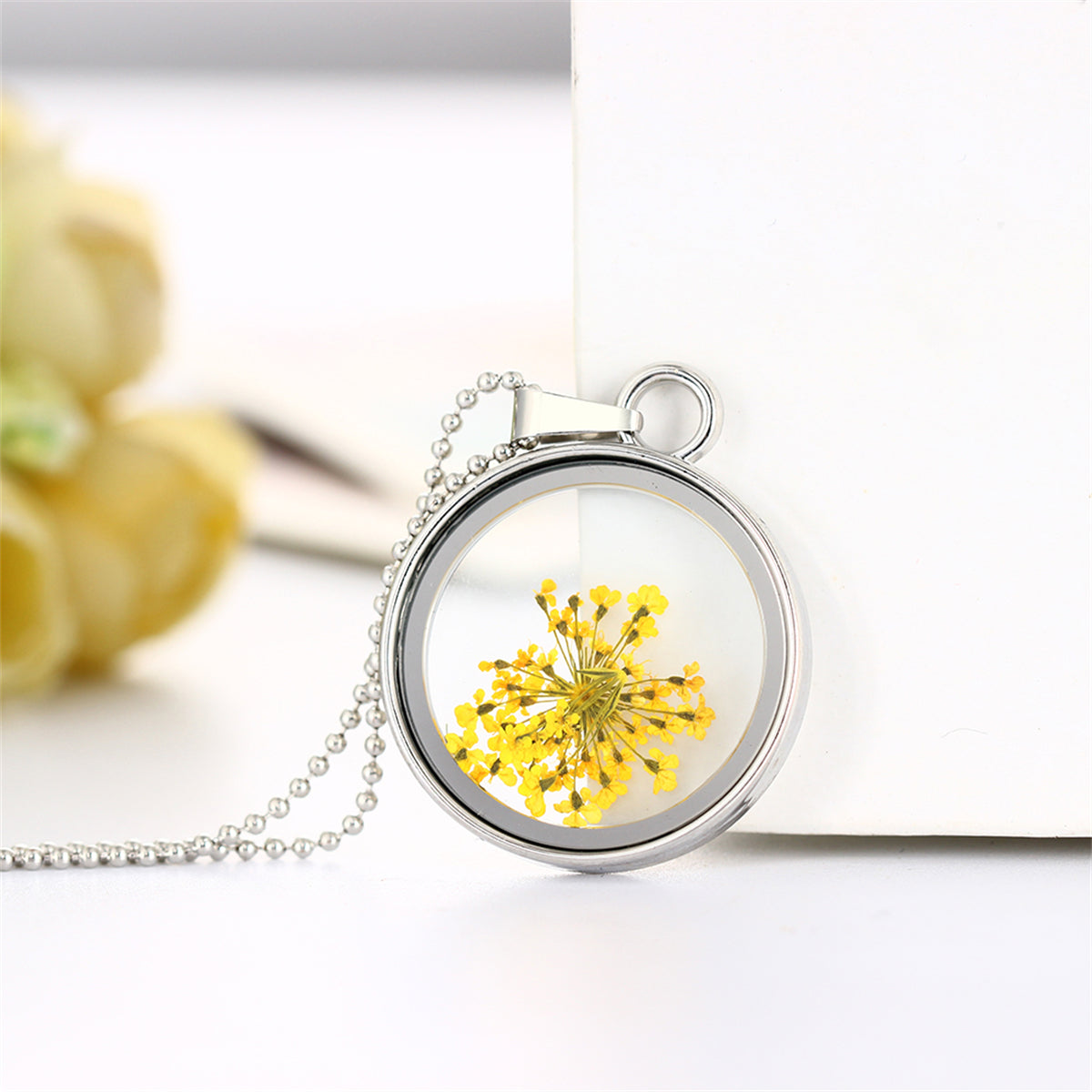 Yellow Gypsophila & Silver-Plated Resin Round Pendant Necklace