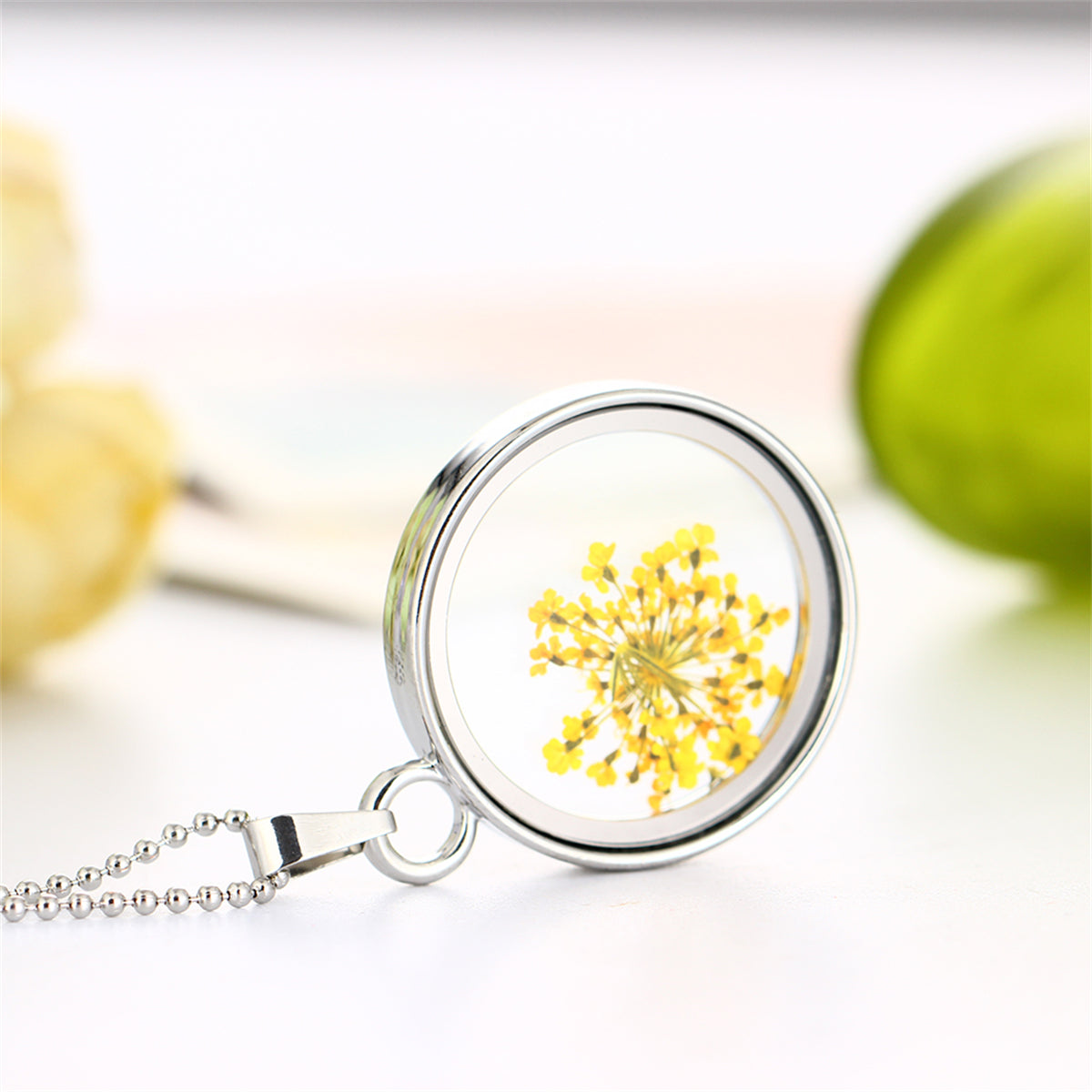 Yellow Gypsophila & Silver-Plated Resin Round Pendant Necklace