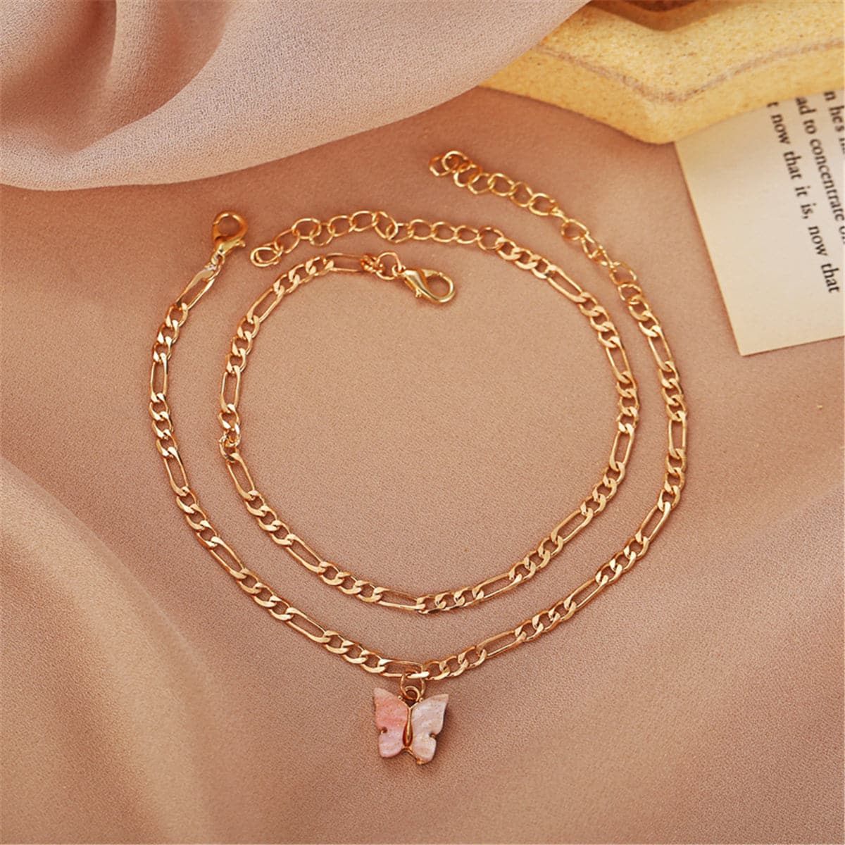 Pink Acrylic and 18K Gold-Plated Butterfly Charm Anklet Set, jewelry gift sets for women, elegant gift for her, front view
