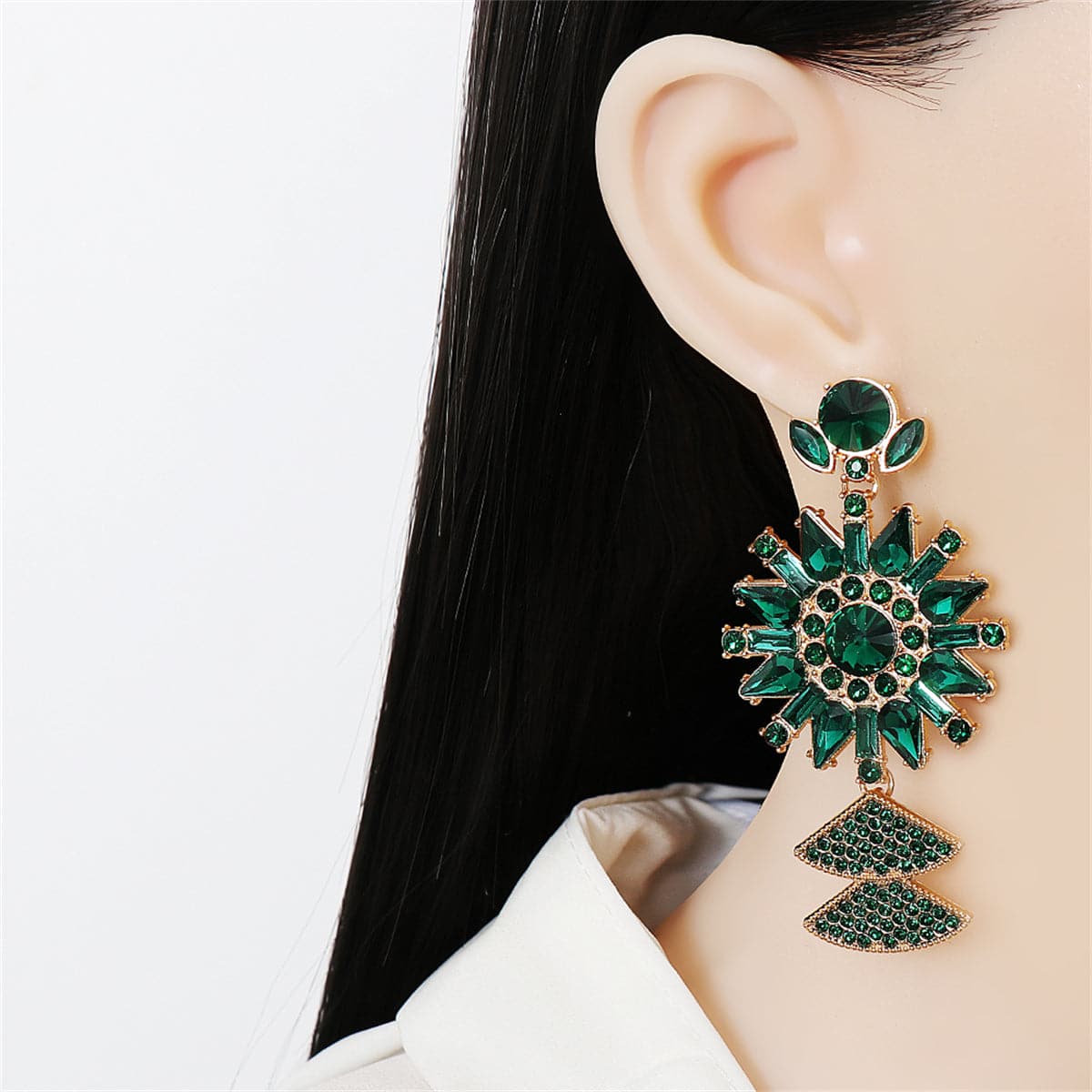 Green Crystal and Cubic Zirconia Sunflower Drop Earrings, drop earrings for women, everyday style, side view