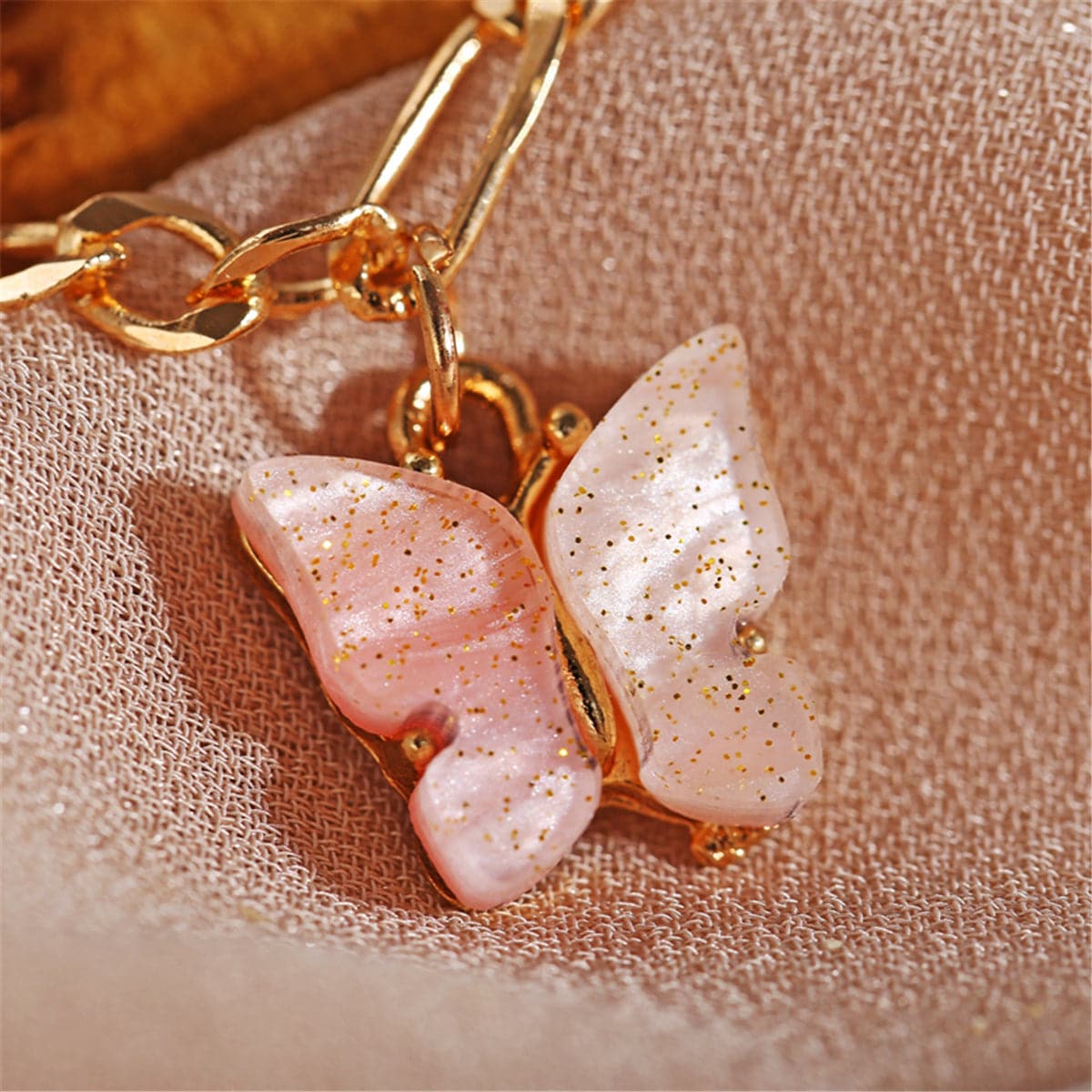Pink Acrylic & 18K Gold-Plated Butterfly Charm Anklet Set