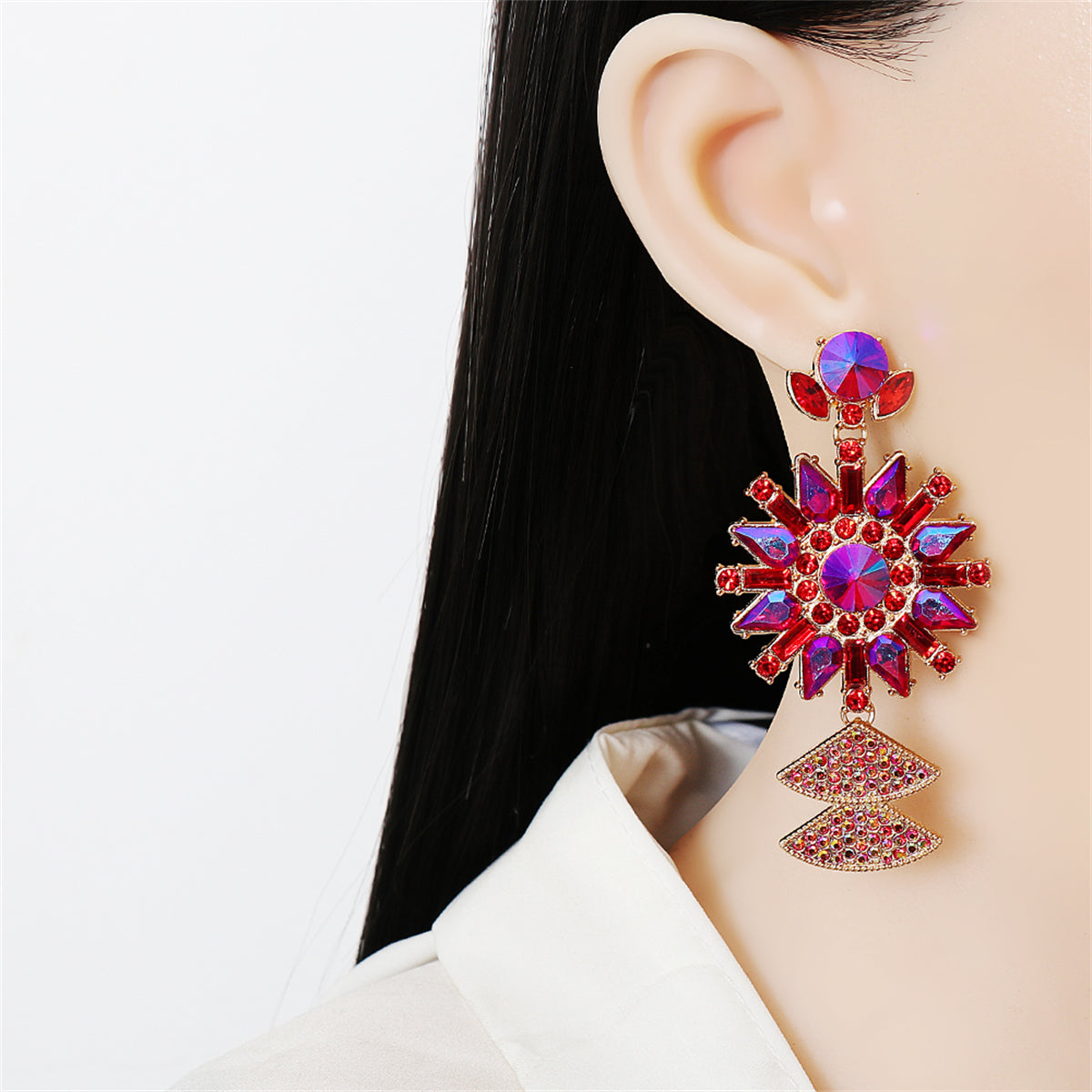 Red Crystal & Cubic Zirconia Sunflower Drop Earrings