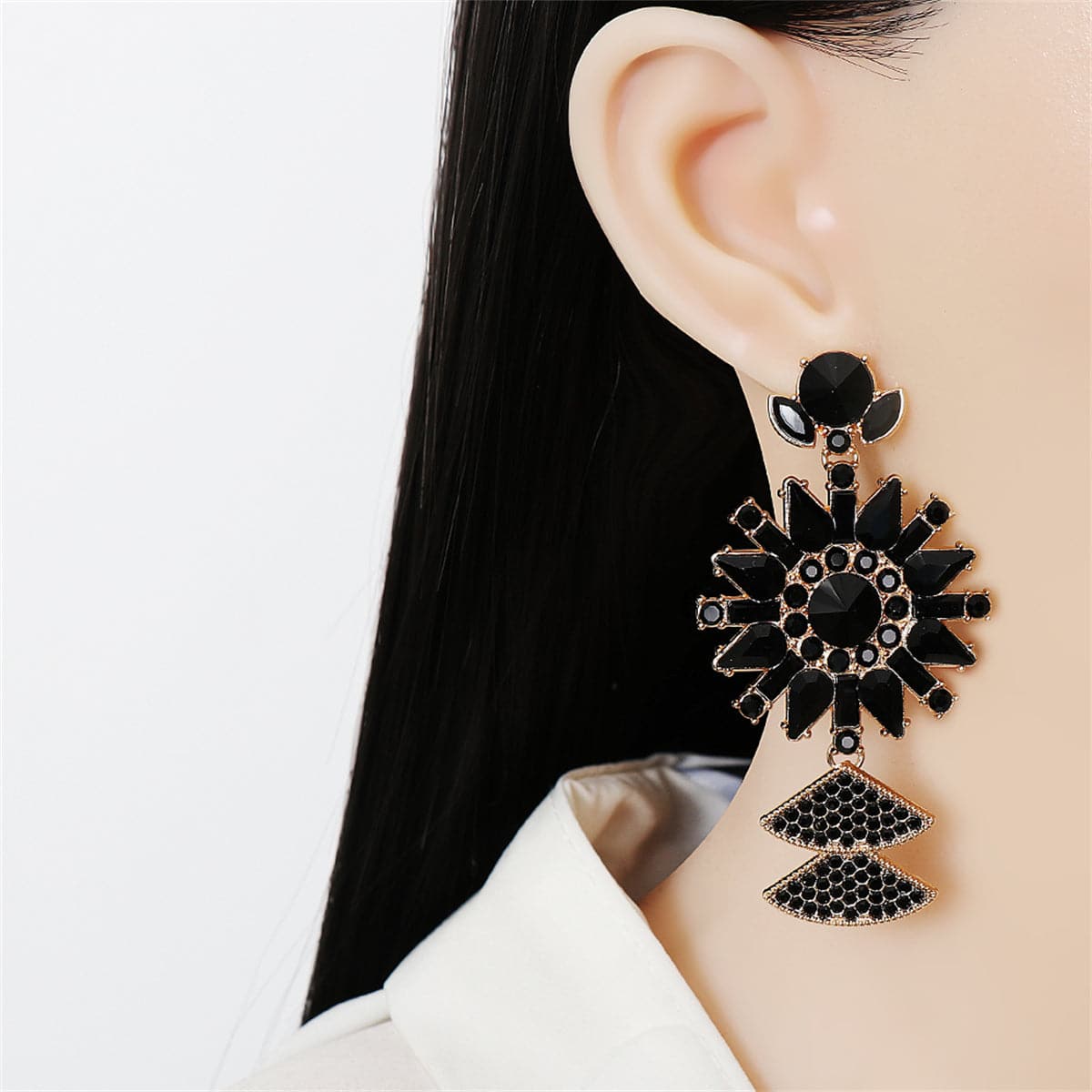 Black Crystal and Cubic Zirconia 18K Gold-Plated Sunflower Drop Earrings, gold drop earrings for women, styled look