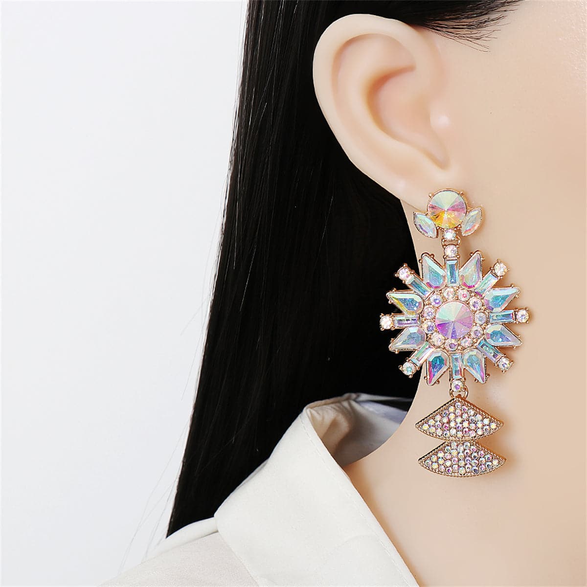 Pink Crystal and Cubic Zirconia 18K Gold-Plated Sunflower Drop Earrings, gold drop earrings for women, styled look