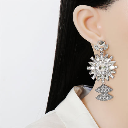 Crystal and Silver-Plated Sunflower Drop Earrings, silver drop earrings for women, everyday style, detail close-up
