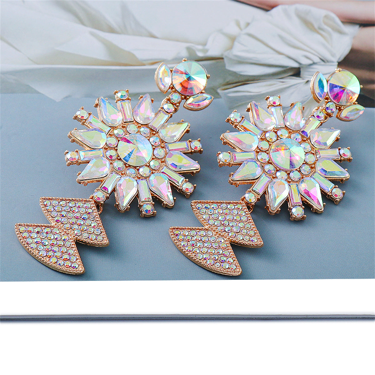 Pink Crystal and Cubic Zirconia 18K Gold-Plated Sunflower Drop Earrings, gold drop earrings for women, side view