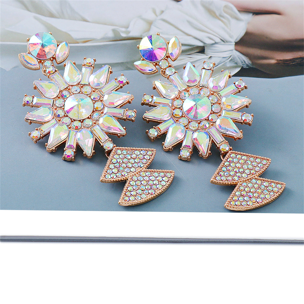 Pink Crystal and Cubic Zirconia 18K Gold-Plated Sunflower Drop Earrings, gold drop earrings for women, detail close-up