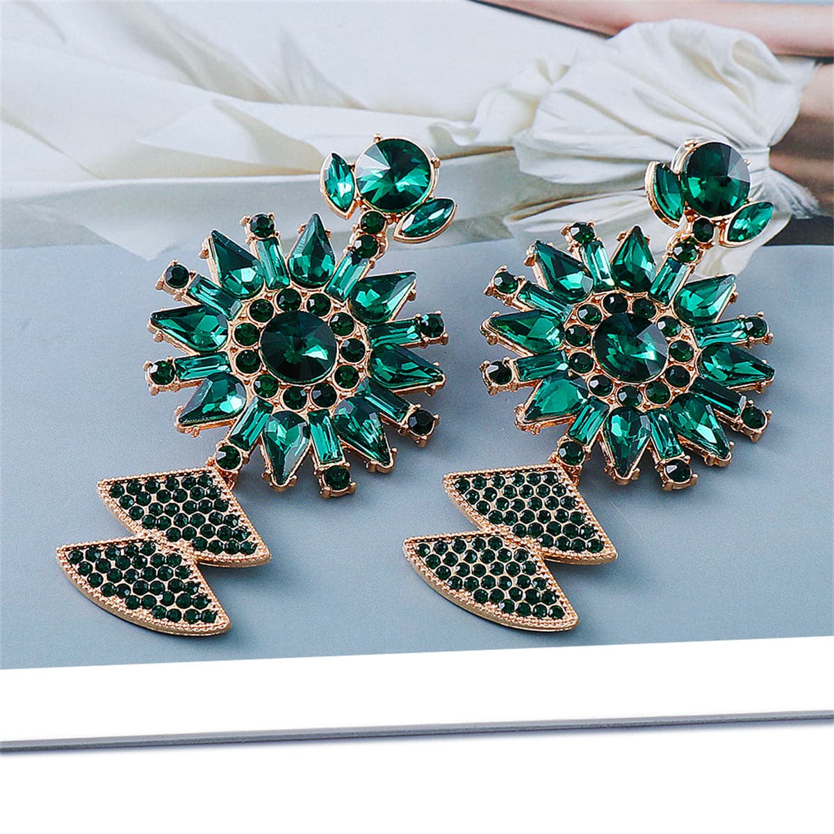 Green Crystal and Cubic Zirconia Sunflower Drop Earrings, drop earrings for women, everyday style, front view