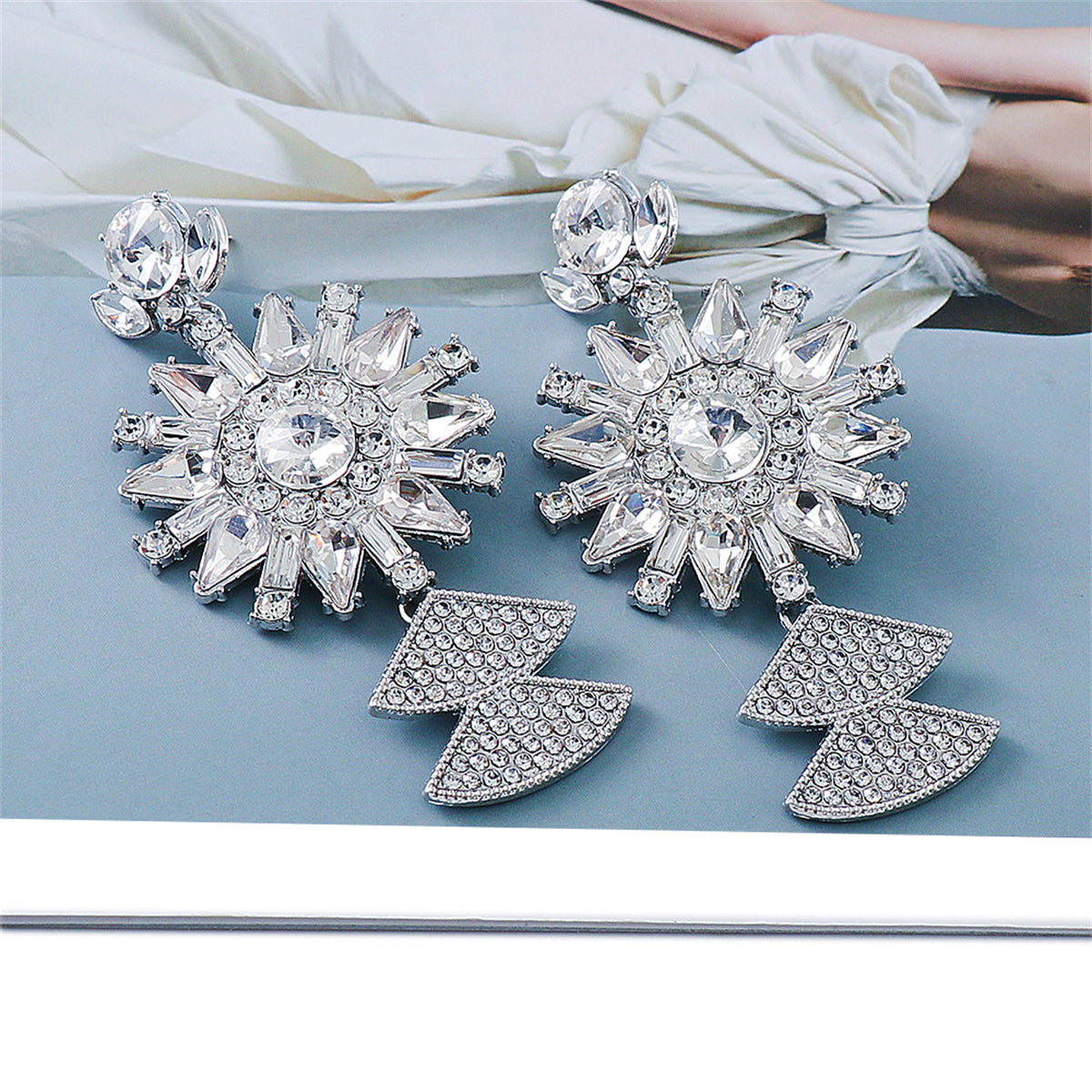 Crystal and Silver-Plated Sunflower Drop Earrings, silver drop earrings for women, everyday style, side view