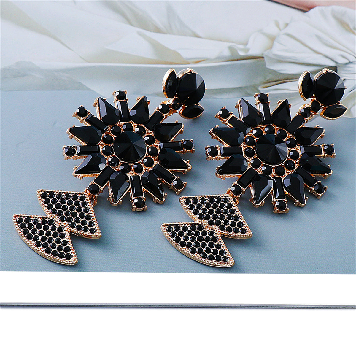 Black Crystal and Cubic Zirconia 18K Gold-Plated Sunflower Drop Earrings, gold drop earrings for women, detail close-up