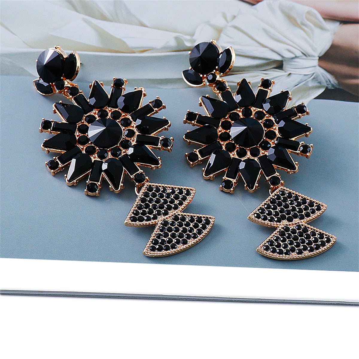 Black Crystal and Cubic Zirconia 18K Gold-Plated Sunflower Drop Earrings, gold drop earrings for women, side view