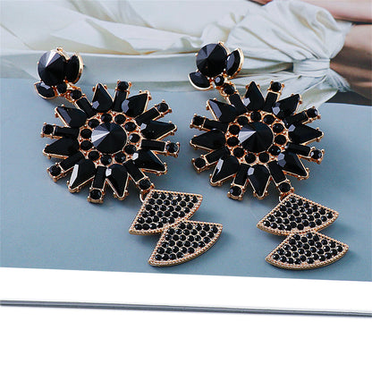 Black Crystal and Cubic Zirconia 18K Gold-Plated Sunflower Drop Earrings, gold drop earrings for women, side view