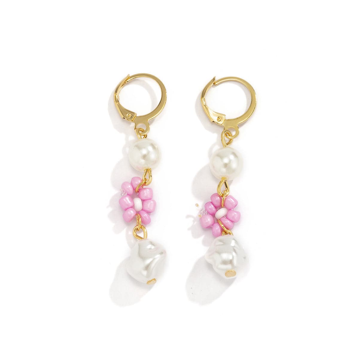 Pearl & Pink Howlite 18 Gold-Plated Flower Tiered Drop Earrings