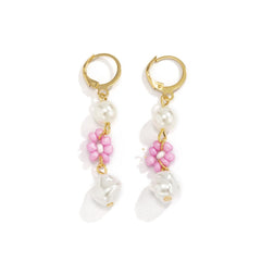 Pearl & Pink Howlite 18 Gold-Plated Flower Tiered Drop Earrings