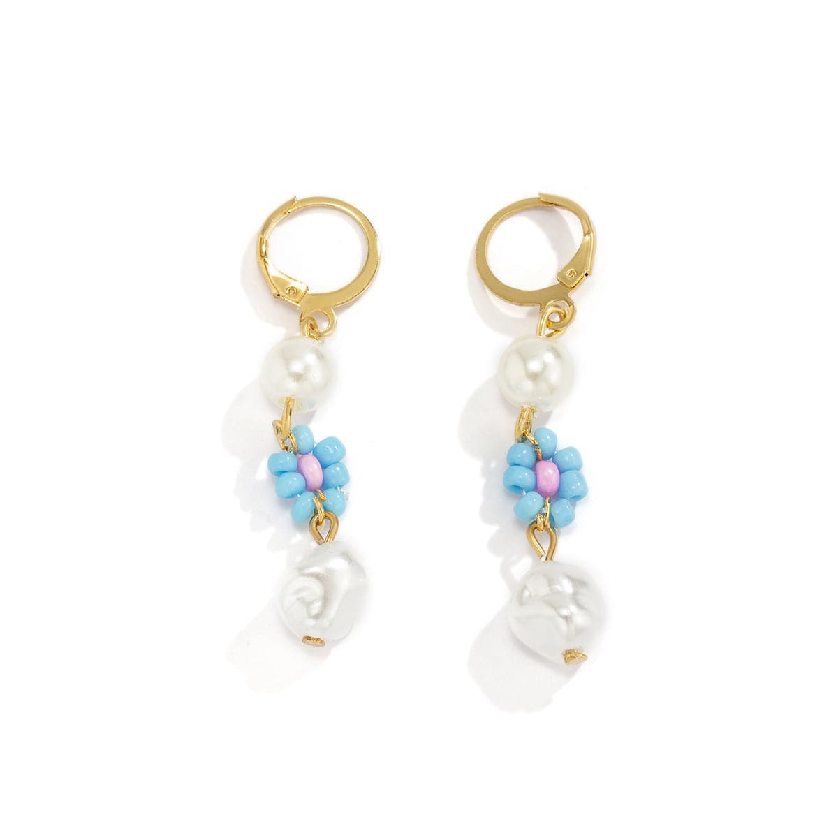 Light Blue Howlite & Pearl 18K Gold-Plated Floral Huggie Earrings