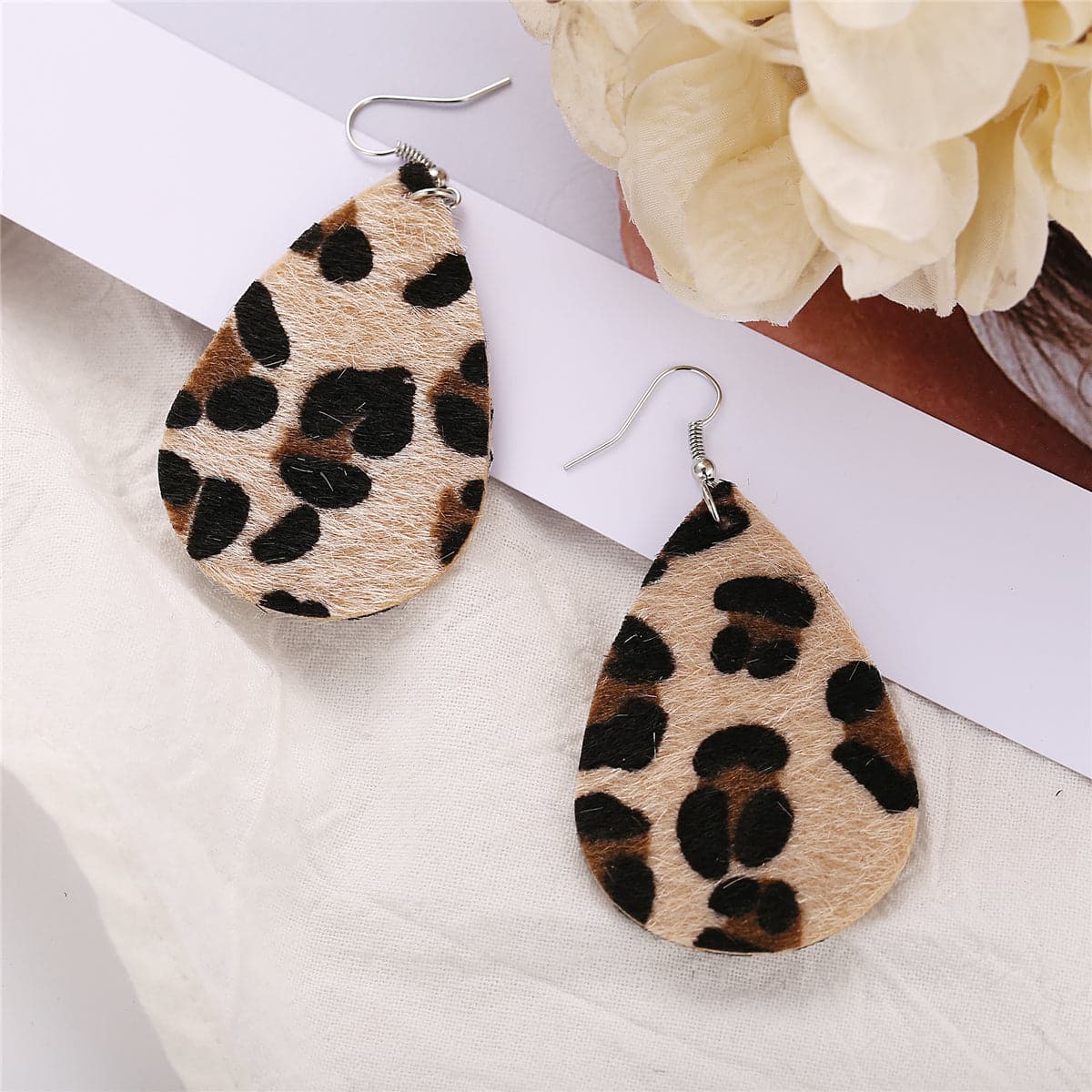 Black Gabardine Leopard-Print Drop Earrings