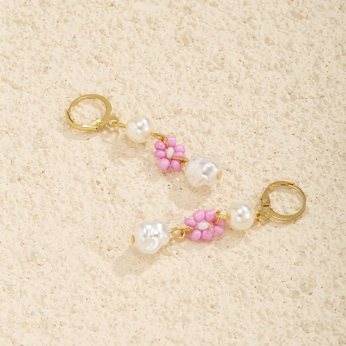 Pearl & Pink Howlite 18 Gold-Plated Flower Tiered Drop Earrings
