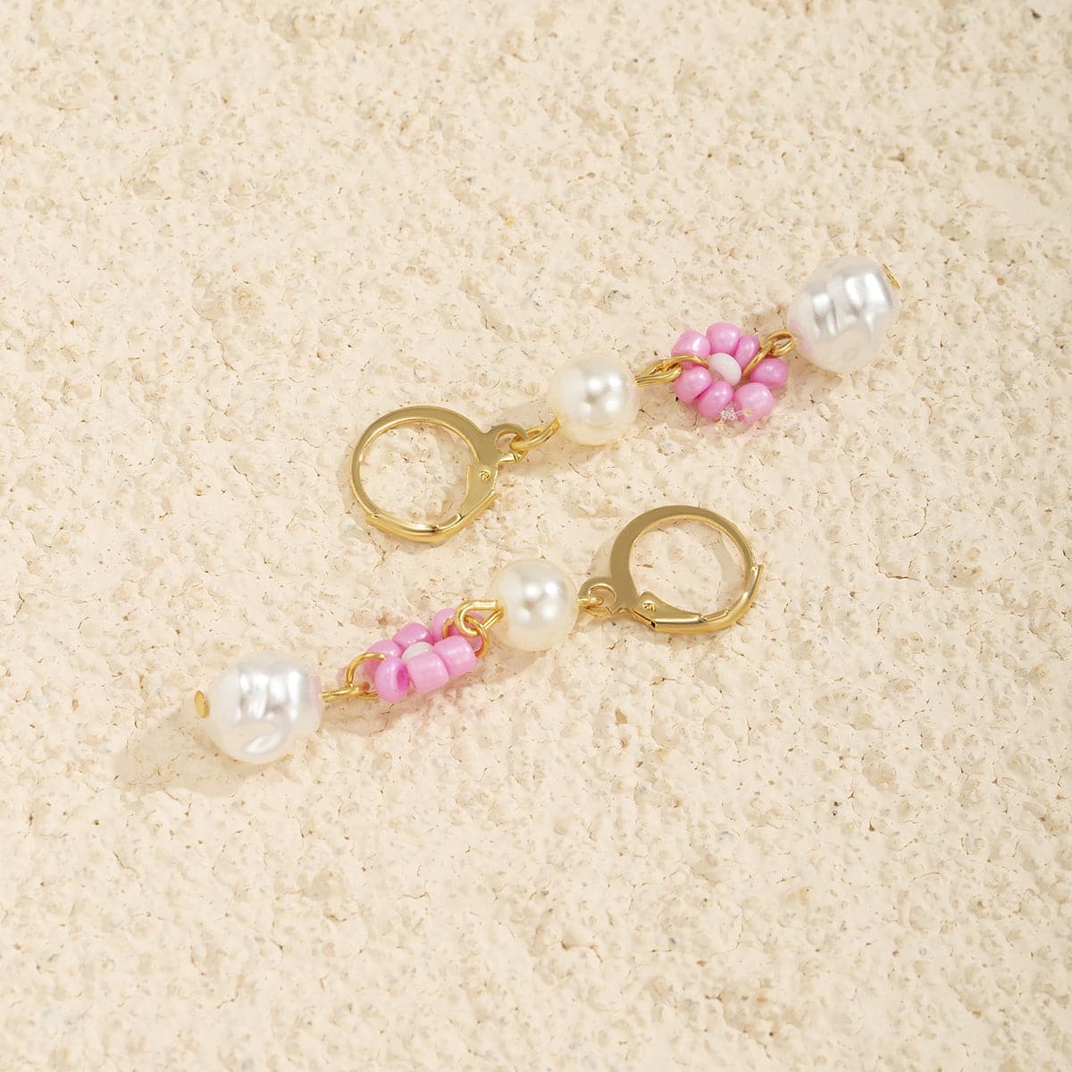 Pearl & Pink Howlite 18 Gold-Plated Flower Tiered Drop Earrings