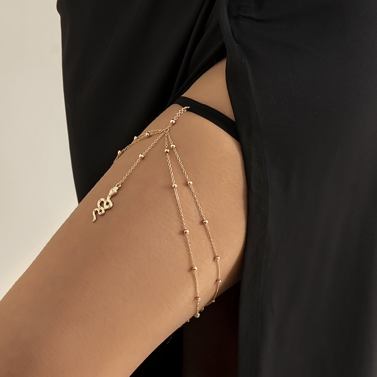 18K Gold-Plated Snake Layered Leg Chain, gold pendant necklace for women, botanical inspired, detail close-up